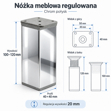 Nóżki meblowe regulowane aluminiowe 100 mm 40x40 chrom połysk stopka 4 szt.