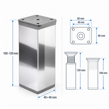 Nóżki meblowe regulowane aluminiowe 100 mm 40x40 chrom połysk stopka 4 szt.