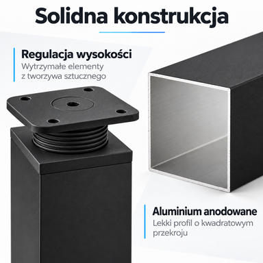 Nóżki meblowe regulowane aluminiowe 100 mm 40x40 czarny mat stopka 4 szt.