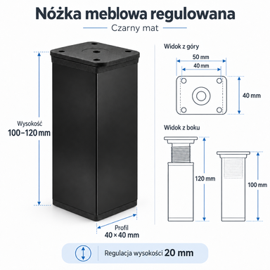 Nóżki meblowe regulowane aluminiowe 100 mm 40x40 czarny mat stopka 4 szt.