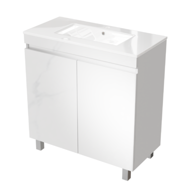 Szafka do łazienki z umywalką biała MDF Ribera 80 kosz na pranie 3 półki