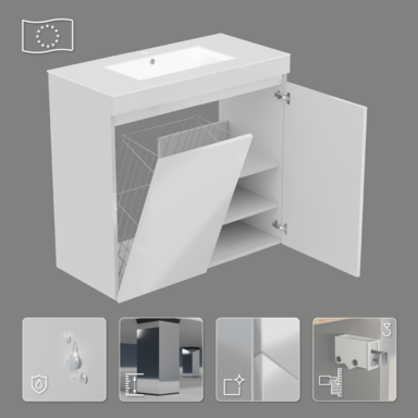 Szafka do łazienki z umywalką biała MDF Ribera 80 kosz na pranie 3 półki