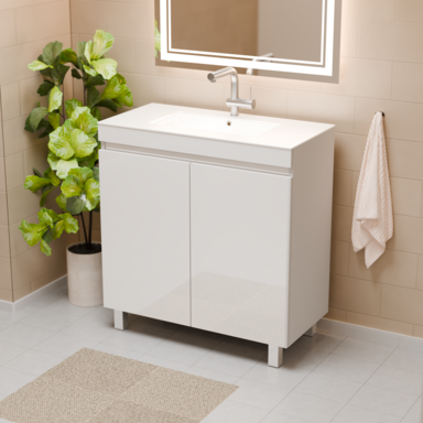 Szafka do łazienki z umywalką biała MDF Ribera 80 kosz na pranie 3 półki