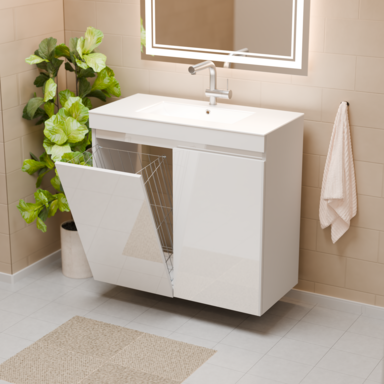 Szafka do łazienki z umywalką biała MDF Ribera 80 kosz na pranie 3 półki