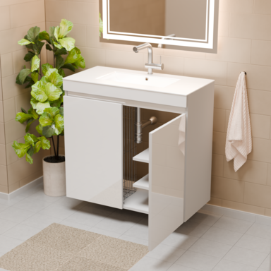 Szafka do łazienki z umywalką biała MDF Ribera 80 kosz na pranie 3 półki