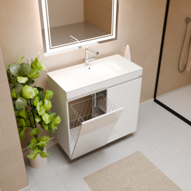 Szafka do łazienki z umywalką biała MDF Ribera 80 kosz na pranie 3 półki