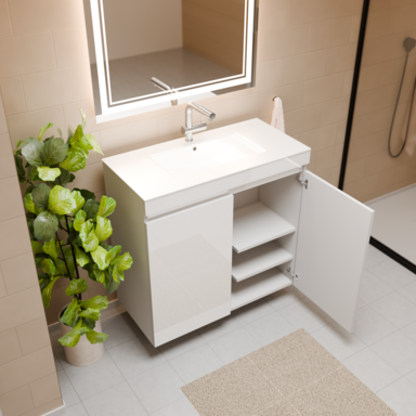 Szafka do łazienki z umywalką biała MDF Ribera 80 kosz na pranie 3 półki