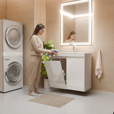 Szafka do łazienki z umywalką biała MDF Ribera 80 kosz na pranie 3 półki