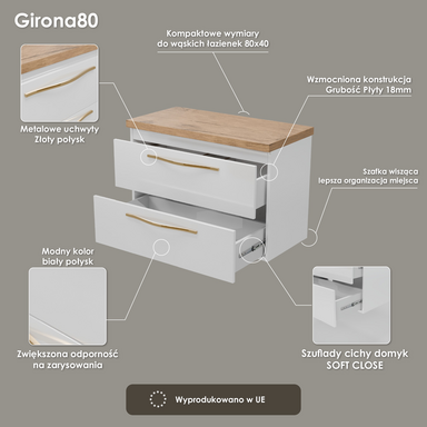 Szafka łazienkowa biały lakier z blatem dębowym Girona 80