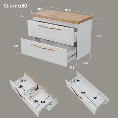 Szafka łazienkowa biały lakier z blatem dębowym Girona 80