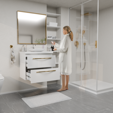 Szafka łazienkowa Girona 60 biały lakier blat biały złote uchwyty