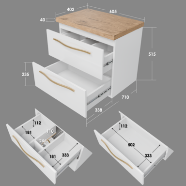 Szafka łazienkowa Girona 60 biały lakier blat dębowy złote uchwyty
