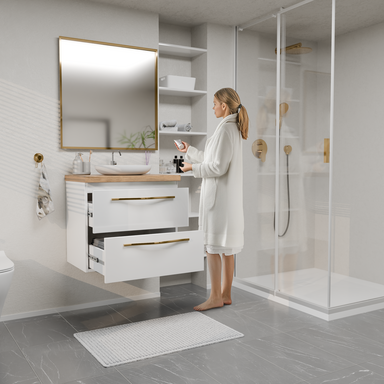 Szafka łazienkowa Girona 60 biały lakier blat dębowy złote uchwyty