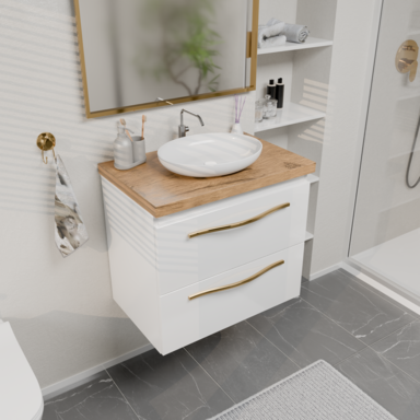 Szafka łazienkowa Girona 60 biały lakier blat dębowy złote uchwyty