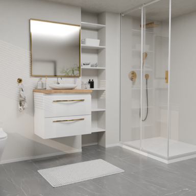 Szafka łazienkowa Girona 60 biały lakier blat dębowy złote uchwyty