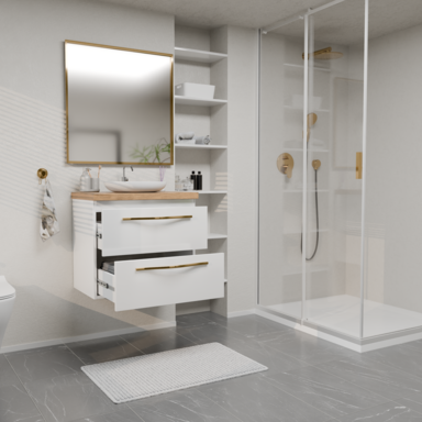 Szafka łazienkowa Girona 60 biały lakier blat dębowy złote uchwyty