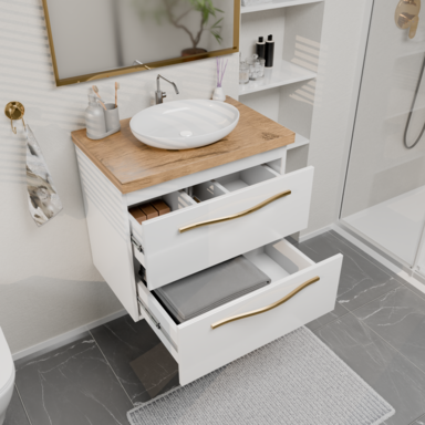 Szafka łazienkowa Girona 60 biały lakier blat dębowy złote uchwyty