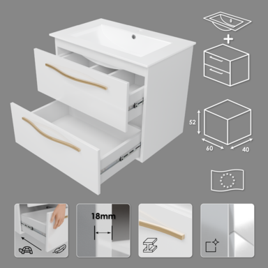 Szafka łazienkowa Girona 60 biały lakier ceramiczna umywalka złoty uchwyt