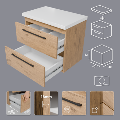 Szafka łazienkowa Girona 60 dąb lancelot, blat biały