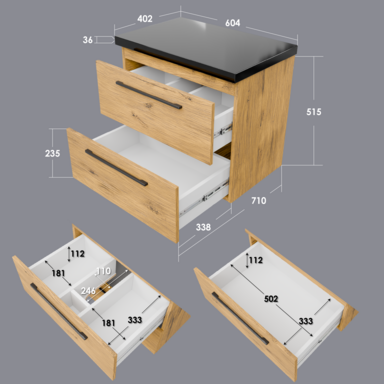 Szafka łazienkowa Girona 60 dąb lancelot, blat czarny
