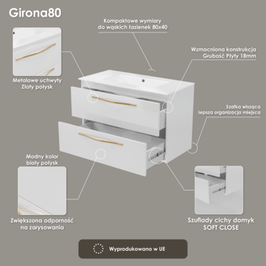 Szafka łazienkowa Girona 80 biały lakier z umywalką ceramiczną