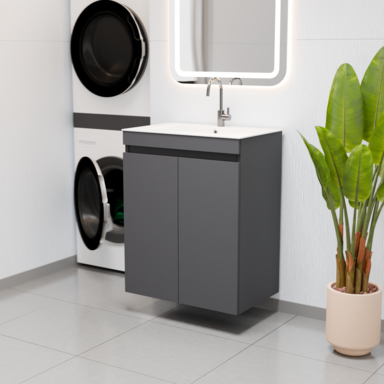 Szafka łazienkowa grafitowa z umywalką Ribera 60 kosz 3 półki