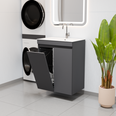 Szafka łazienkowa grafitowa z umywalką Ribera 60 kosz 3 półki