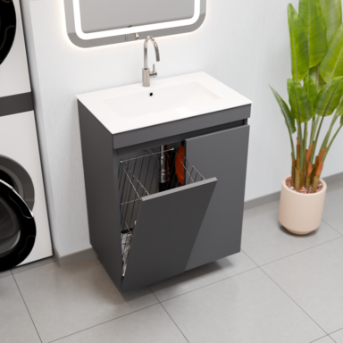 Szafka łazienkowa grafitowa z umywalką Ribera 60 kosz 3 półki