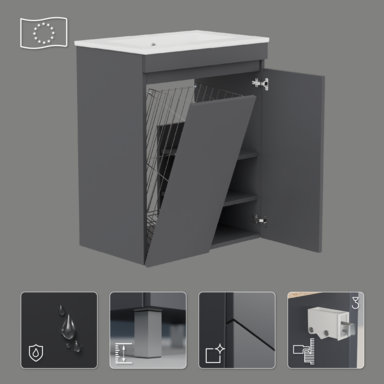 Szafka łazienkowa grafitowa z umywalką Ribera 60 kosz 3 półki