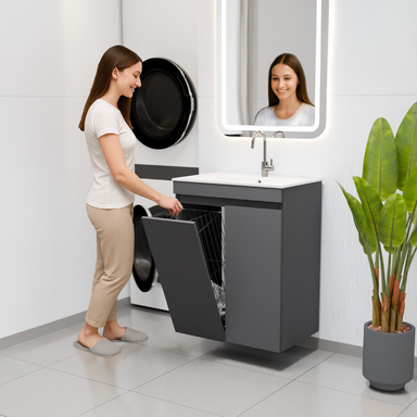 Szafka łazienkowa grafitowa z umywalką Ribera 60 kosz 3 półki