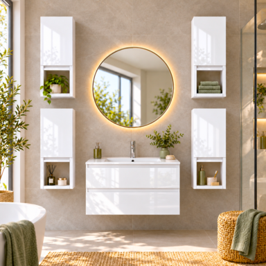 Szafka łazienkowa nad pralkę 150x56x25 Wisząca do łazienki MDF Biała Połysk