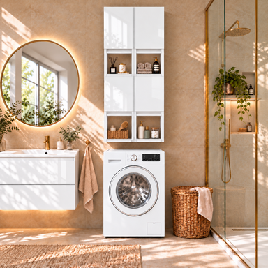 Szafka łazienkowa nad pralkę 150x56x25 Wisząca do łazienki MDF Biała Połysk