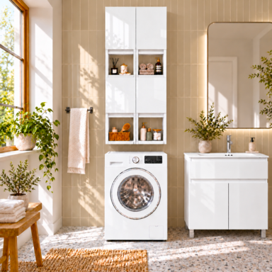 Szafka łazienkowa nad pralkę 150x56x25 Wisząca do łazienki MDF Biała Połysk