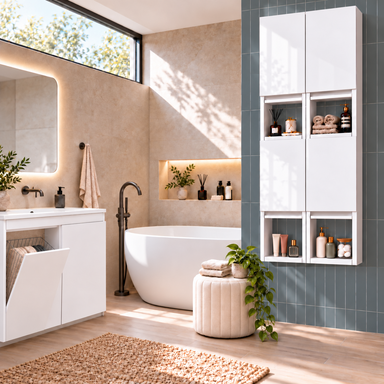 Szafka łazienkowa nad pralkę 150x56x25 Wisząca do łazienki MDF Biała Połysk