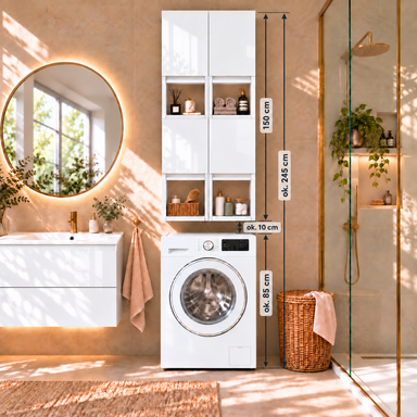 Szafka łazienkowa nad pralkę 150x56x25 Wisząca do łazienki MDF Biała Połysk
