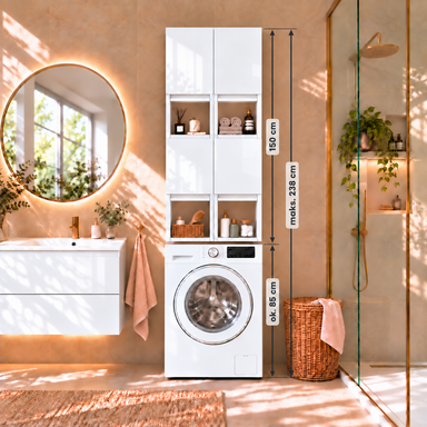 Szafka łazienkowa nad pralkę 150x56x25 Wisząca do łazienki MDF Biała Połysk