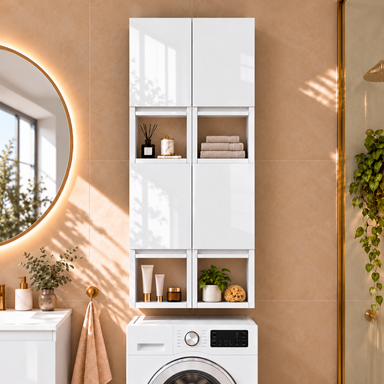Szafka łazienkowa nad pralkę 150x56x25 Wisząca do łazienki MDF Biała Połysk