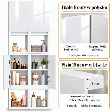 Szafka łazienkowa nad pralkę 150x56x25 Wisząca do łazienki MDF Biała Połysk