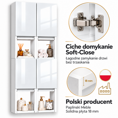 Szafka łazienkowa nad pralkę 150x56x25 Wisząca do łazienki MDF Biała Połysk