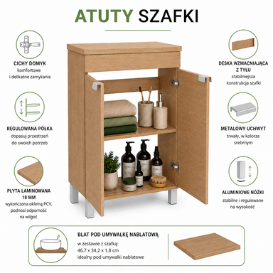 Szafka łazienkowa Parla46 z blatem pod umywalkę nablatową cichy domyk wiąz