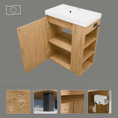Szafka łazienkowa SEVA 57 dąb Lancelot z umywalką | stojąca lub wisząca