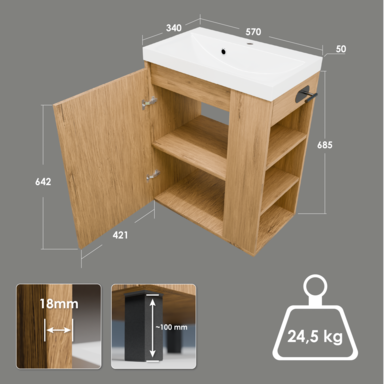 Szafka łazienkowa SEVA 57 dąb Lancelot z umywalką | stojąca lub wisząca