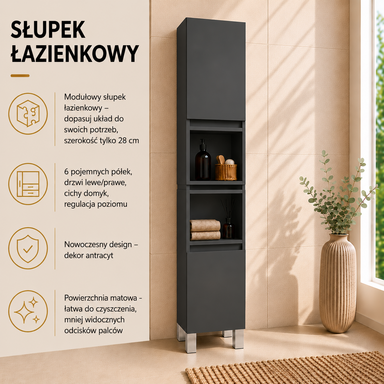  Szafka łazienkowa Stojąca Słupek 161x28 cm Wisząca Antracyt