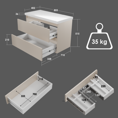 Szafka łazienkowa wisząca z Blatem 80 cm Nablatowa Kaszmir Wąska Szuflady Organizer