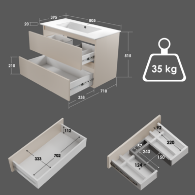 Szafka łazienkowa wisząca z Umywalką 80 cm Kaszmir Wąska Szuflady Organizer