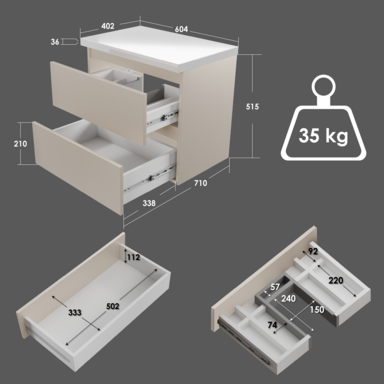 Szafka łazienkowa z Blatem Zestaw Kaszmir 60 Wisząca Wąska Szuflady Nablatowa