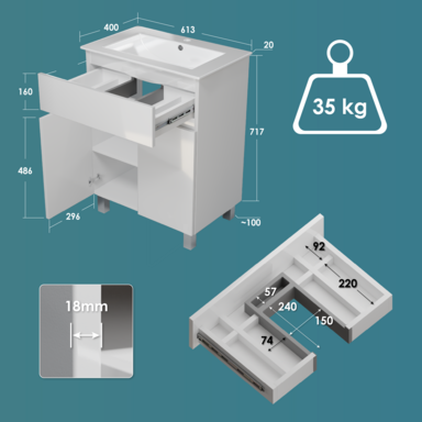 Szafka łazienkowa z umywalką ARIZA 60 BIAŁA MDF Stojąca I Wisząca