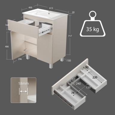 Szafka łazienkowa z umywalką ARIZA 60 Kaszmir Mat Szuflada Półka