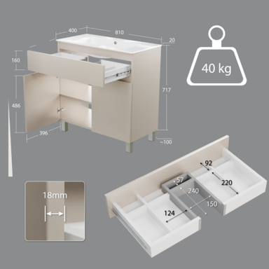 Szafka łazienkowa z umywalką ARIZA 80 Kaszmir mat Zestaw Szuflada Półka wisząca/stojąca