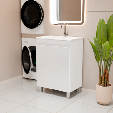 Szafka łazienkowa z umywalką biała MDF Ribera 60 z koszem na pranie